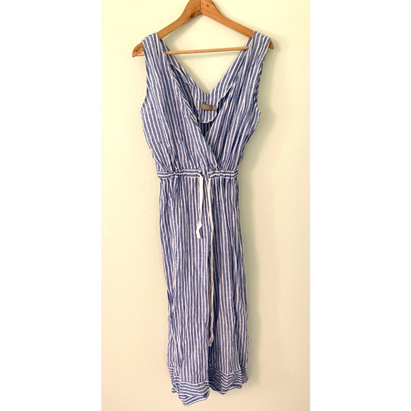 Beatriz Camacho Pants - Beatriz Camacho Womens Jumpsuit Size 8 Blue Striped Linen Wide Leg Lagenlook
